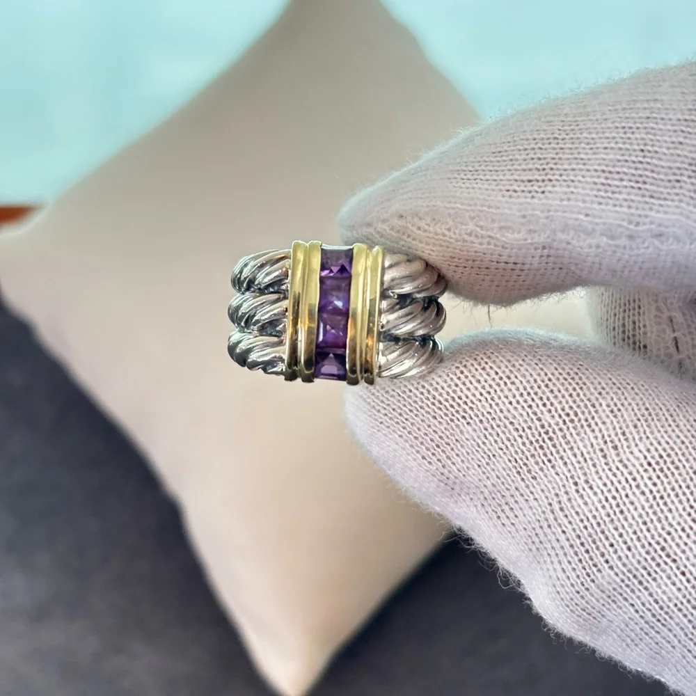 David Yurman 925 & 14k Gold Triple Cable Ring with Amethyst 5.5